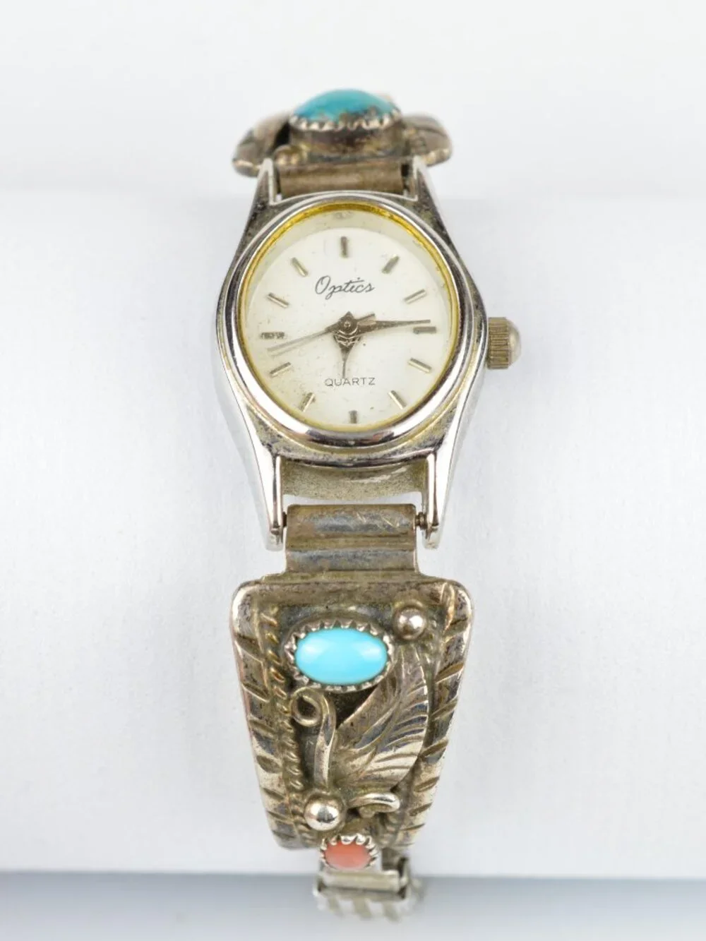 Navajo Sterling Silver Turquoise Coral Watch Tips Signed Ronnie Martinez Works